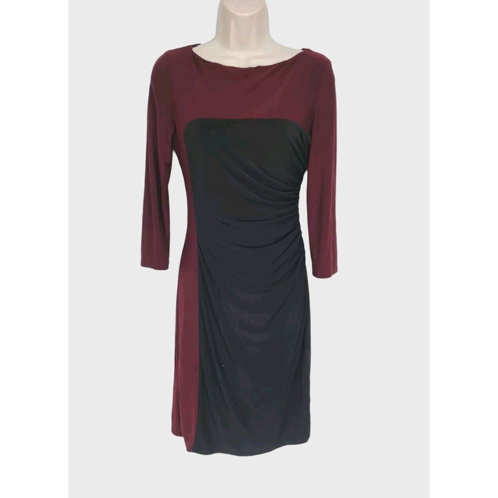 RALPH LAUREN Womens Sheath Knee Length Dress Size 4 Black Burgundy 3/4 SL A6A